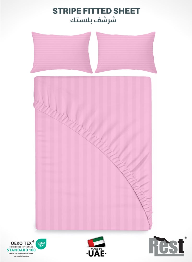 REST Stripe Fitted Sheet Set Superking 200x 200+30 cm + 2 Pillowcases 50 x 75 cm Brushed Microfiber Premium Durable Quality Deep Pocket for a Perfect Fit Shrinkage Fade Resistant Pink - Image 1